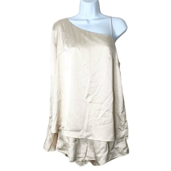 Sabo Skirt Luxe Satin Romper One Shoulder Flare Long Sleeve Playsuit Jumpsuit - Picture 4 of 16